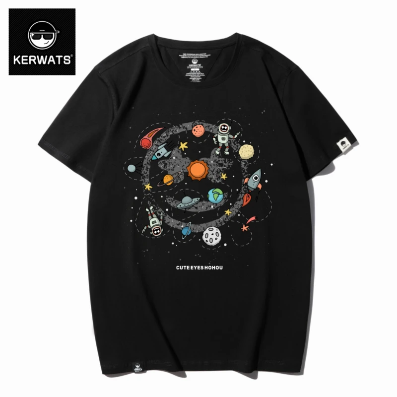 KERWATS夏季潮牌男装笑脸宇宙快乐星球t恤胖子加大短袖男宽松衣服