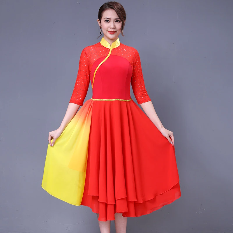 范儿丹斯广场舞红色立领大摆连衣裙中国风国风中老年修身女L5025