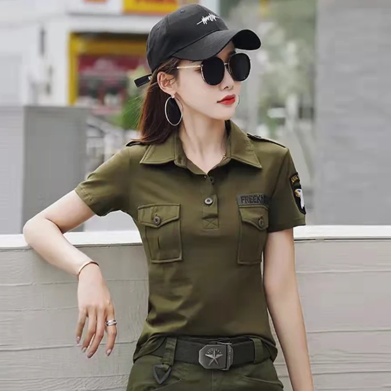 新款显瘦工装T恤薄款修身遮肉休闲迷彩军绿色短袖翻领户外0321