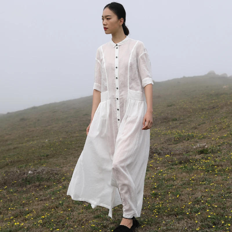 界内界外文艺复古小方领压褶短袖长款衬衫裙X92Q119