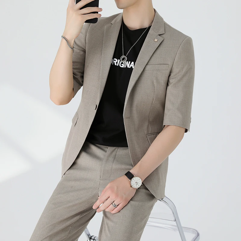 DT16男士条纹上新短款西服套装两件套韩版休闲修身聚会西服外套