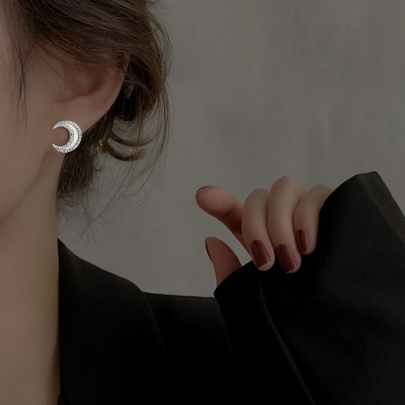 CUOOYINO/初影 铜合金合成锆石耳饰  【伴月】925针月亮耳钉