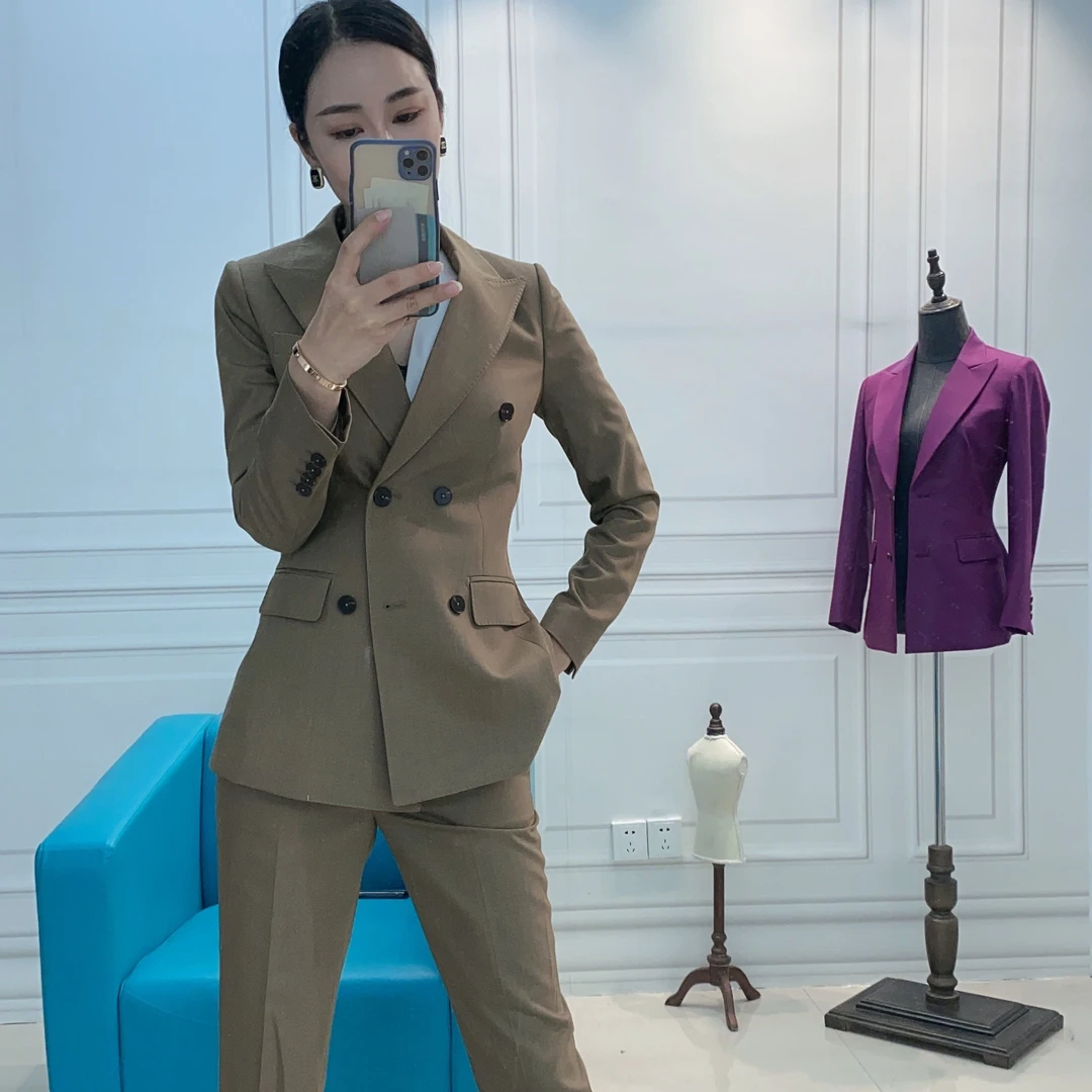 卡其色休闲通勤韩版气质时尚职业修身春秋长袖双排扣西装套装女