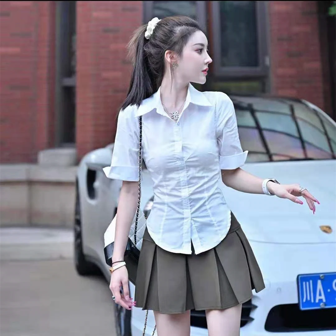 夏季时尚收腰显瘦气质短袖白衬衣修身衬衫+韩版ol短款百褶裙