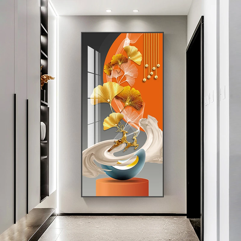 晶瓷镶钻轻奢入户门玄关装饰画进门客厅走廊挂画新款杏叶麋鹿壁画