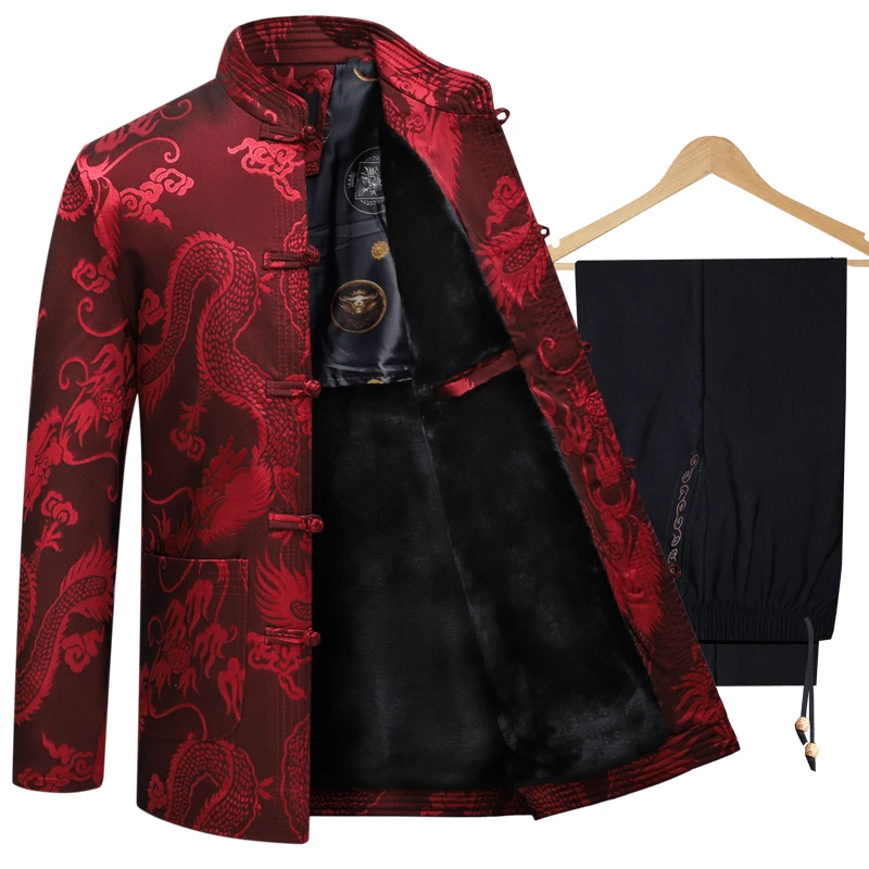 中老年人男士加绒加厚唐装男爸爸冬季棉服外套中国风爷爷棉衣套装