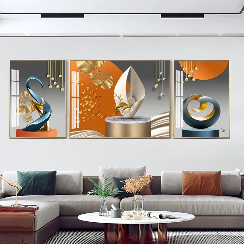 客厅三联画-顺丰包邮【金杏福禄】-晶瓷镶钻客厅沙发背景墙装饰画