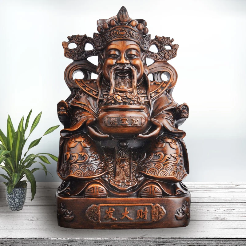 木纹财神爷店铺办公室桌面家居装饰品工艺品摆件聚宝盆家用玄关