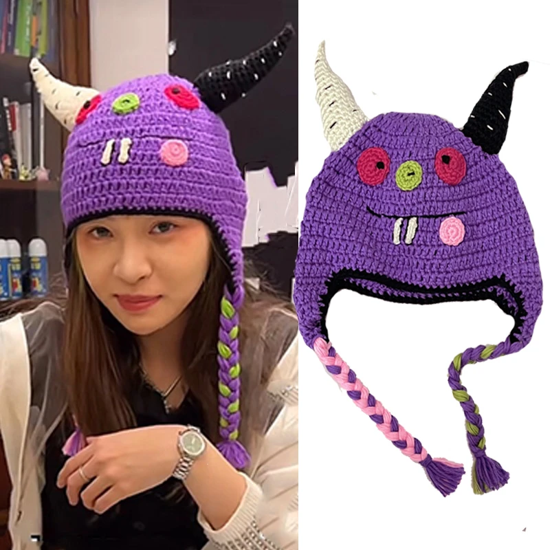 痞幼同款帽子网红紫色搞怪牛角恶魔帽子可爱针织毛线帽护耳帽儿童