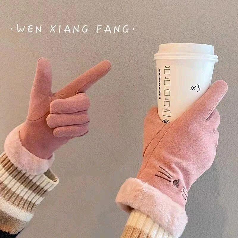 新品秋冬德绒毛口手套女款加绒加厚户外骑车冬季防风保暖触屏手套