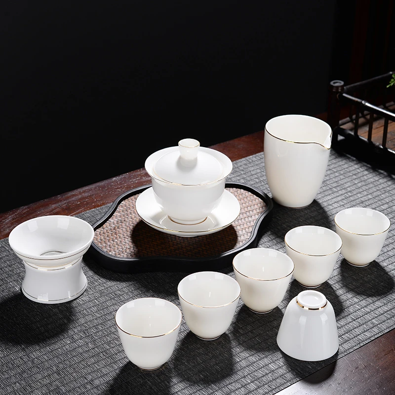 仁坤羊脂玉瓷功夫茶具套装陶瓷家用德化白瓷盖碗茶杯整套茶具套装