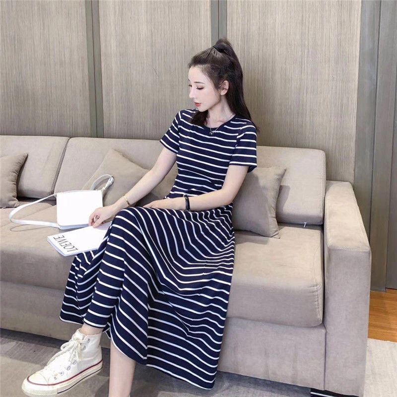 休闲大摆连衣裙女2025夏季新款韩版收腰显瘦过膝长裙条纹a字裙