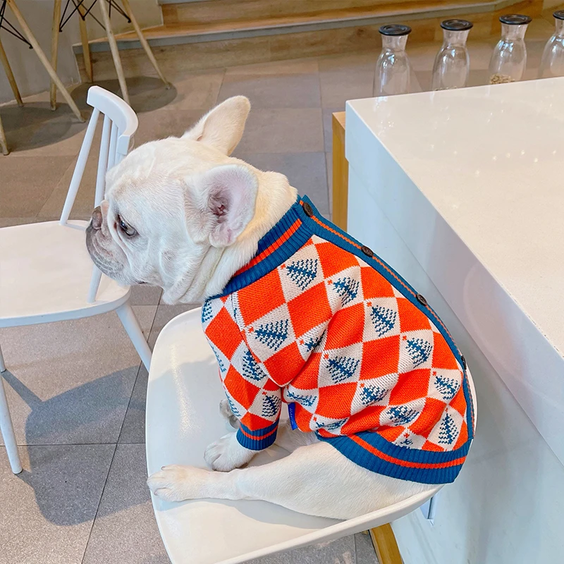 秋冬新品法斗八哥犬斗牛犬衣服比熊博美弹力针织卫衣菱形保暖毛衣