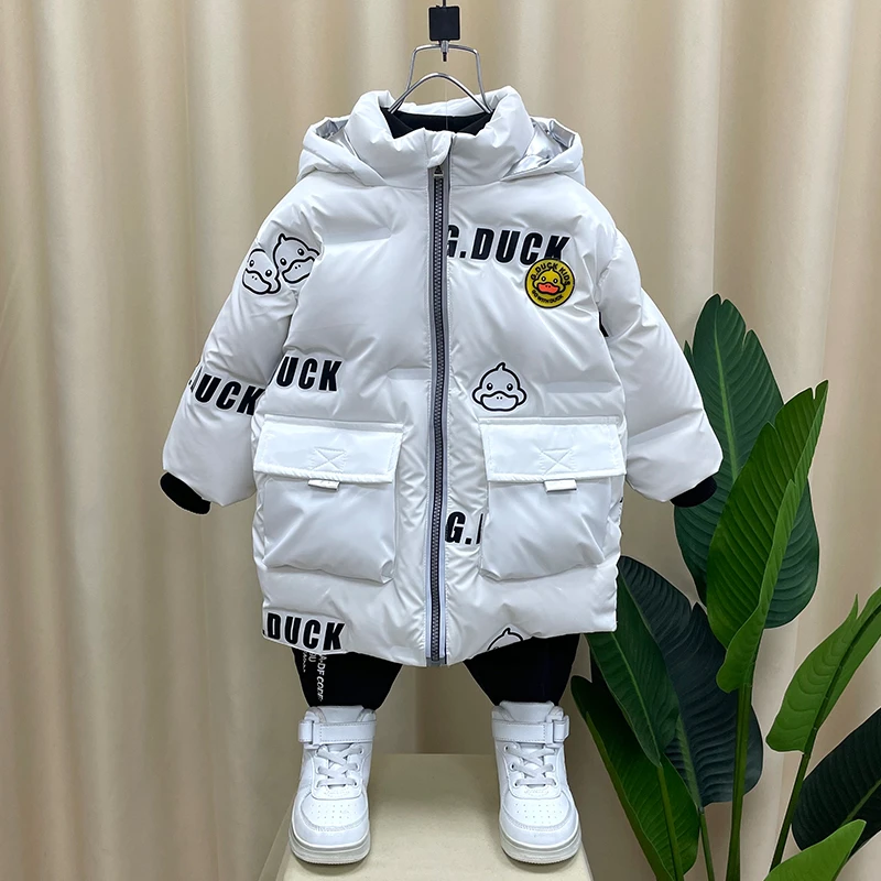 小黄鸭男童50绒羽绒服2025冬装新款洋气宝宝中长款白鸭绒免洗外套
