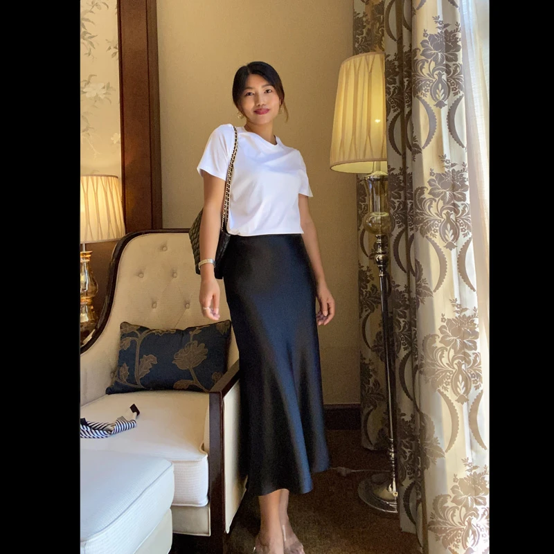 高货 三醋酸微弹夏天显瘦高腰中长款裙子黑色a字半身裙女半裙气质