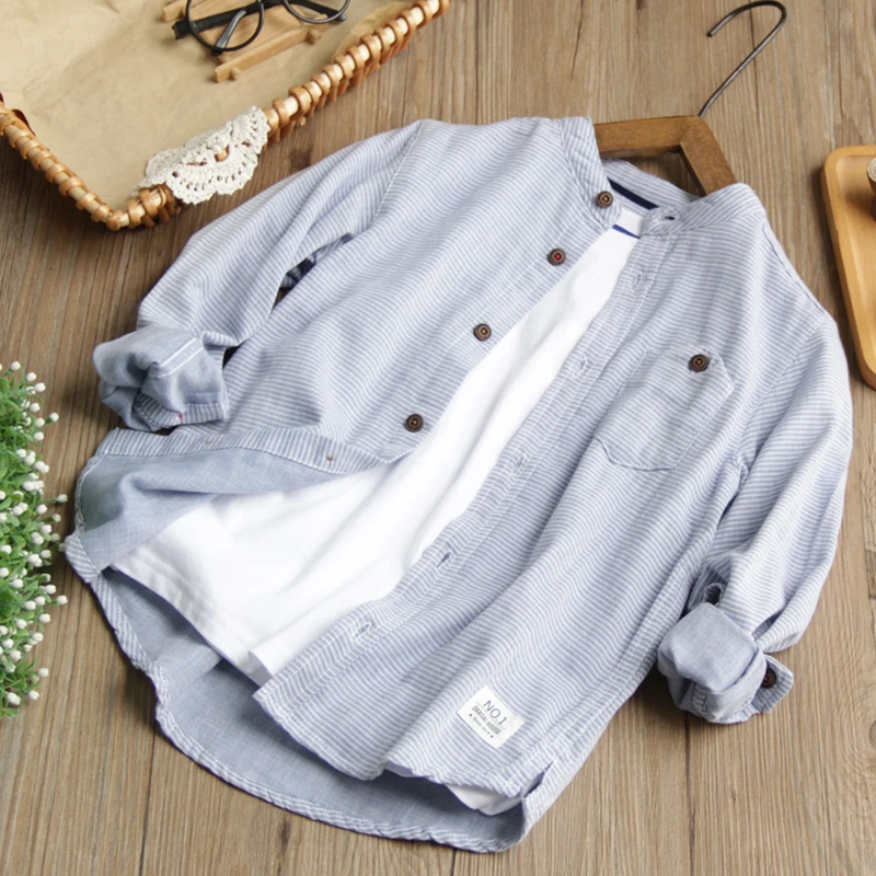 儿童洋气休闲衬衫长袖小立领条纹衬衣棉纱新款男童百搭上衣潮