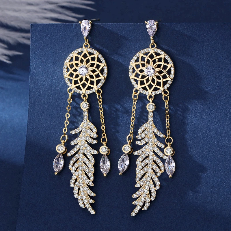 铜合金合成锆石耳饰 瑗昕[盗梦空间]羽毛超仙耳钉耳饰长款气质