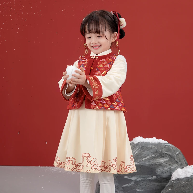 西子问汉服冬装【长生】女童过年服女宝宝唐装中国风马面裙喜庆