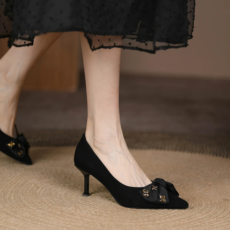 【羊皮6cm】法式气质高跟鞋女 尖头细跟蝴蝶结真皮黑色显瘦时尚单鞋