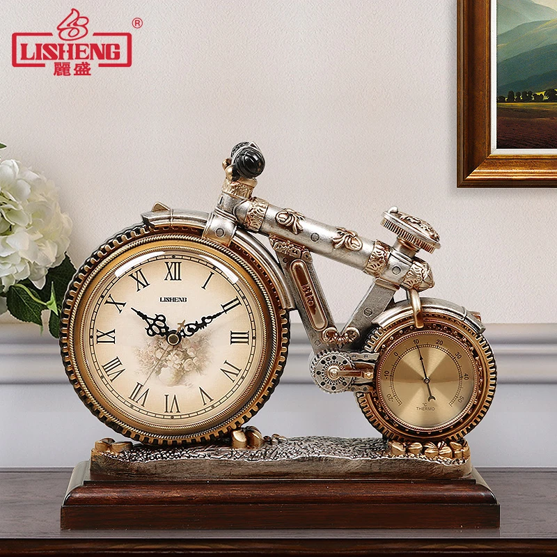 丽盛欧式座钟客厅静音复古时钟创意台钟装饰钟自行车摆件石英钟表