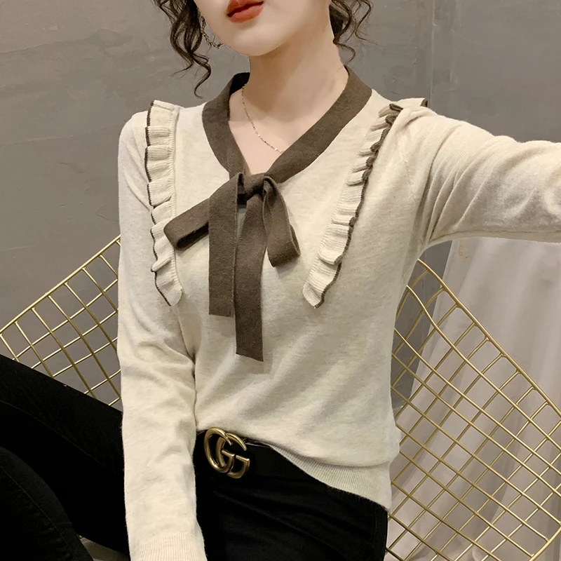 气质荷叶边毛衣蝴蝶结系带针织衫女减龄打底v领洋气上衣长袖针织