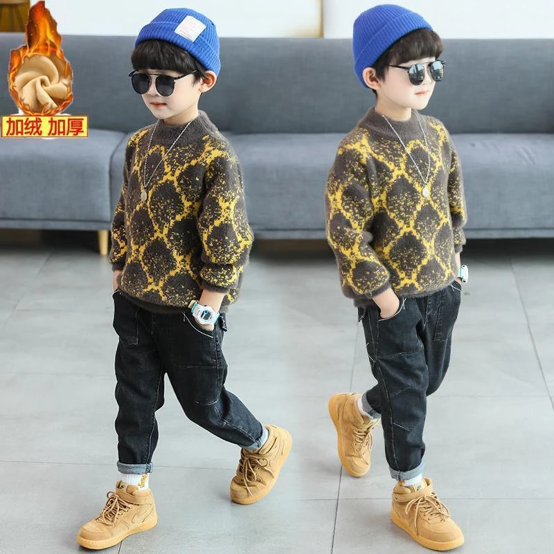 童装男童仿水貂绒秋冬款2025新款套头儿童中大童洋气加厚毛衣打底