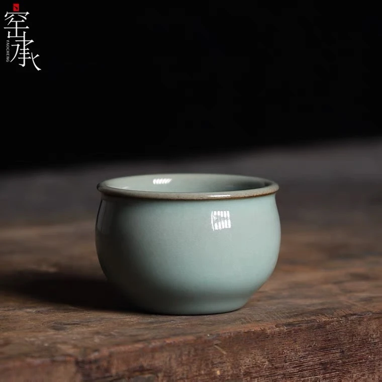 龙泉青瓷 边见 黑胎哥窑 支钉烧水缸杯