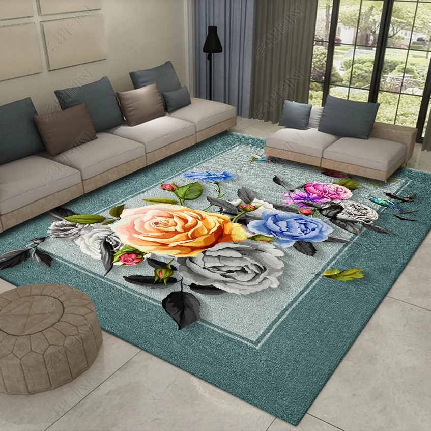 金钻绒 多彩大牡丹 新中式客厅地毯防滑可水洗免洗长方形中国风