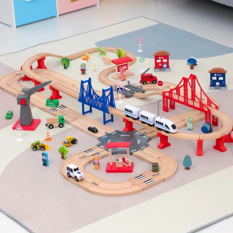 勒酷木质轨道车电动小火车套装轨道木制儿童益智拼装玩具车原木