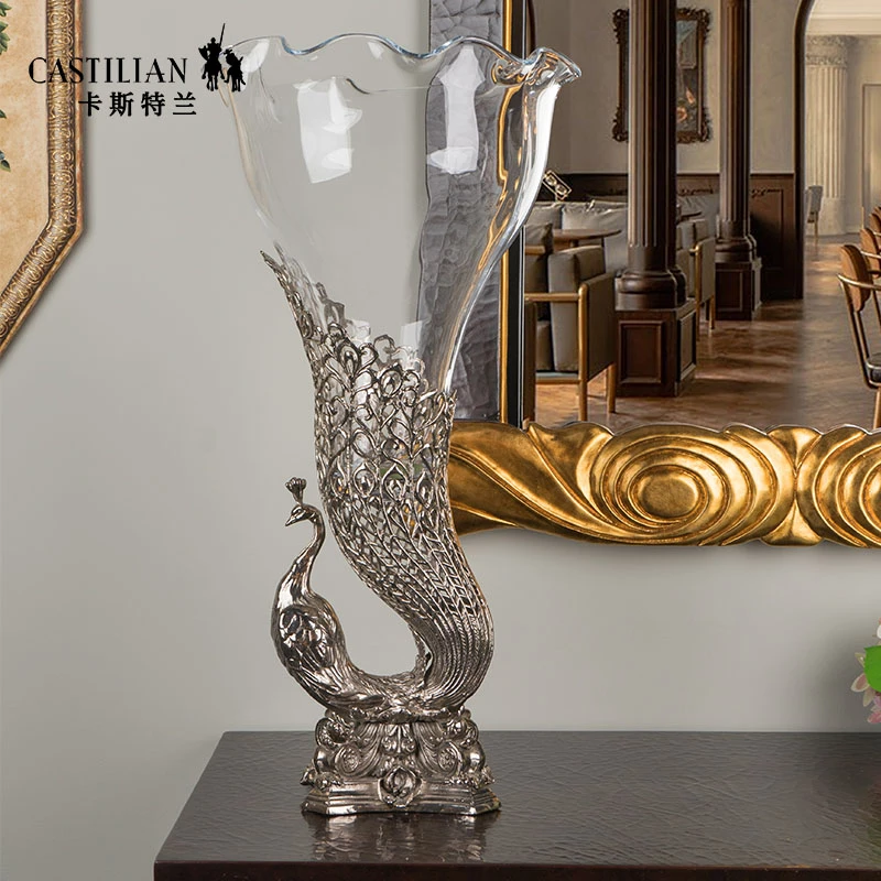 castilian/卡斯特兰朱诺之翎水晶配铜玄关餐桌边几孔雀花瓶摆件