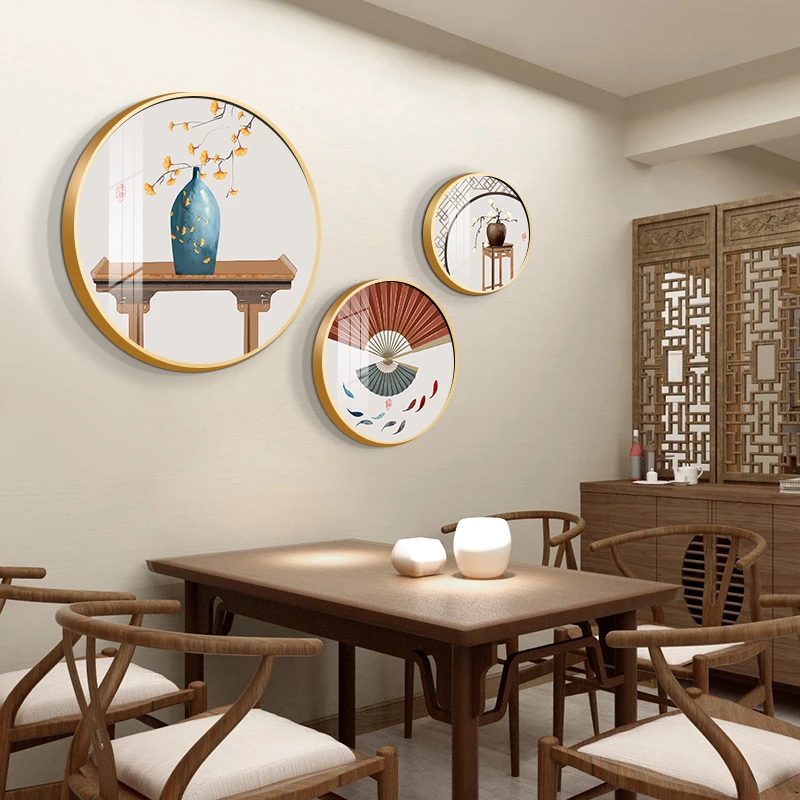新中式圆形餐厅装饰画民俗古典韵味玄关走廊过道挂画轻奢晶瓷壁画
