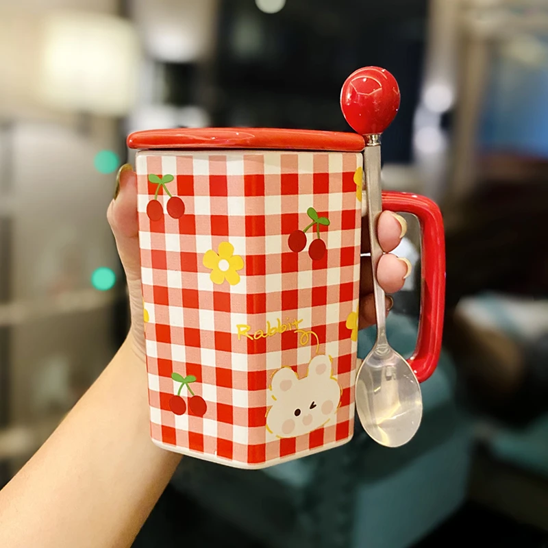ins风少女心陶瓷马克杯带盖勺可爱吸管水杯咖啡杯早餐牛奶燕麦杯
