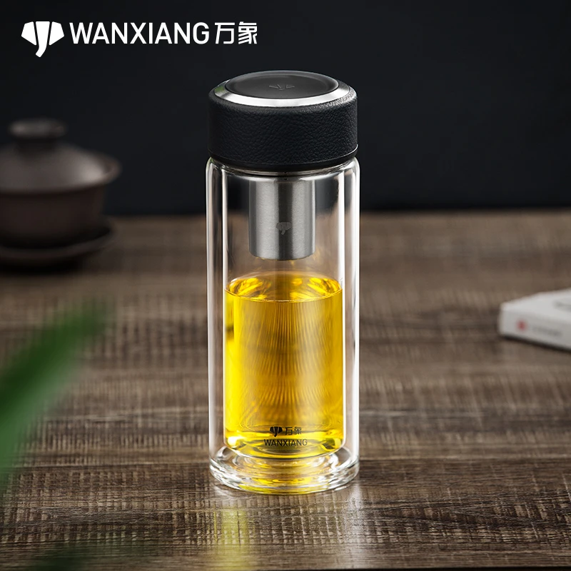 万象双层玻璃杯男士高档茶杯车载便携杯子大容量女士水杯V19V20