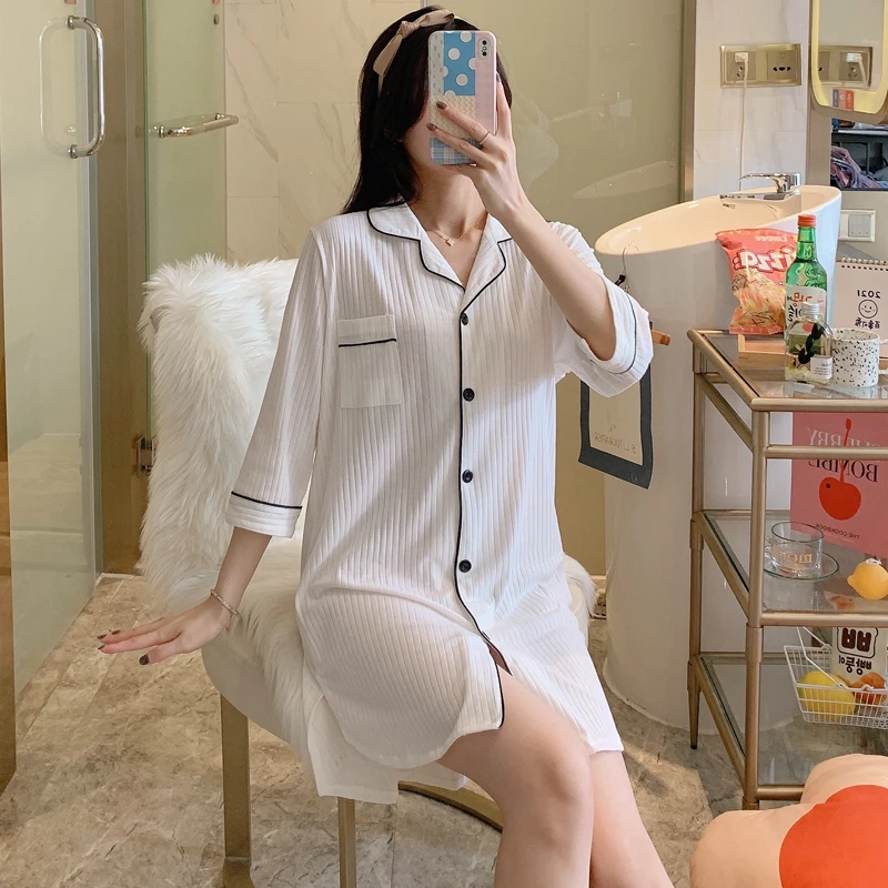 睡裙女夏季七分袖中长裙韩版甜美休闲性感薄款开衫可外穿家居服
