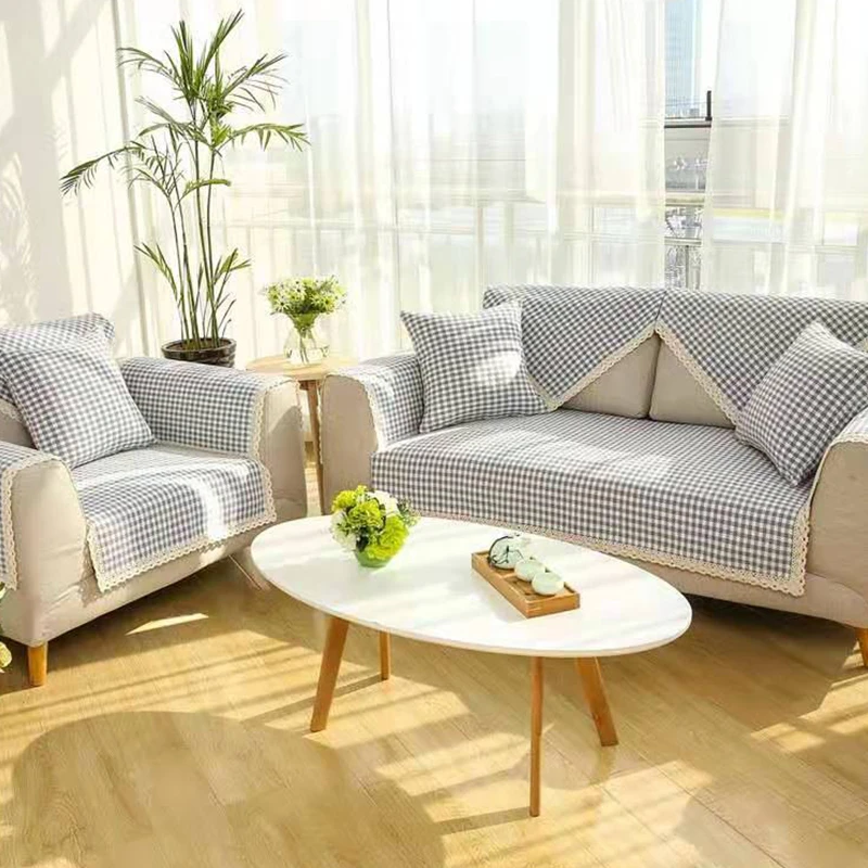 【小格简约-灰】棉麻老粗布沙发垫三件套四季通用防滑加厚客厅家用