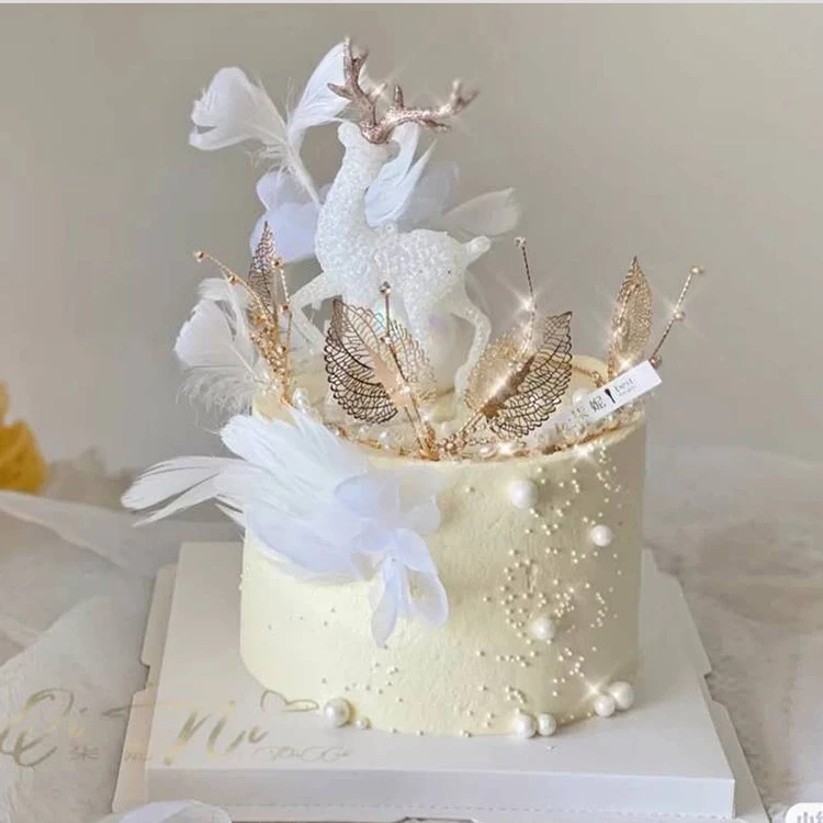 水晶鹿白色麋鹿生日蛋糕装饰摆件圣诞梦幻甜品配件