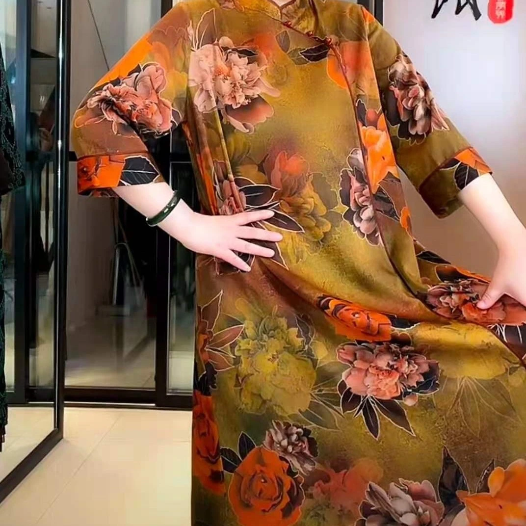 【南音裳羽】气质时尚新款贵气大花显瘦复古连衣裙中长款宽松夏季