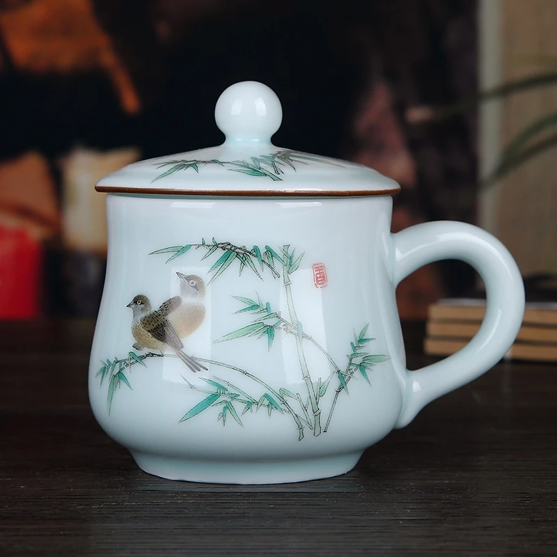 九楼阁景德镇陶瓷茶杯带盖有手柄青瓷办公水杯小号办公杯家用杯子