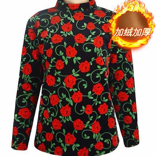 中老年女秋冬保暖打底衫加绒加厚老年人衣服冬天妈妈装半高领上衣