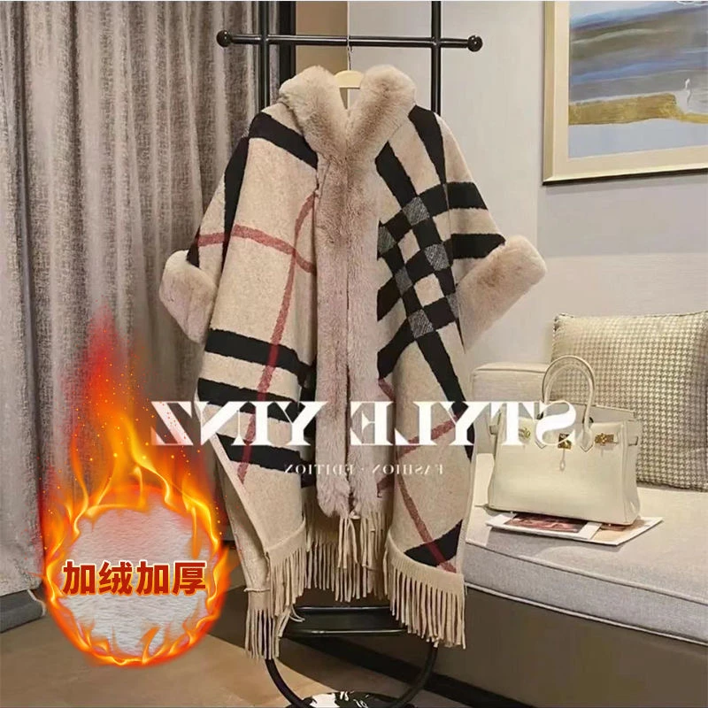 网红连帽冬季加绒厚款保暖斗篷披风外搭中长款休闲针织披肩女装