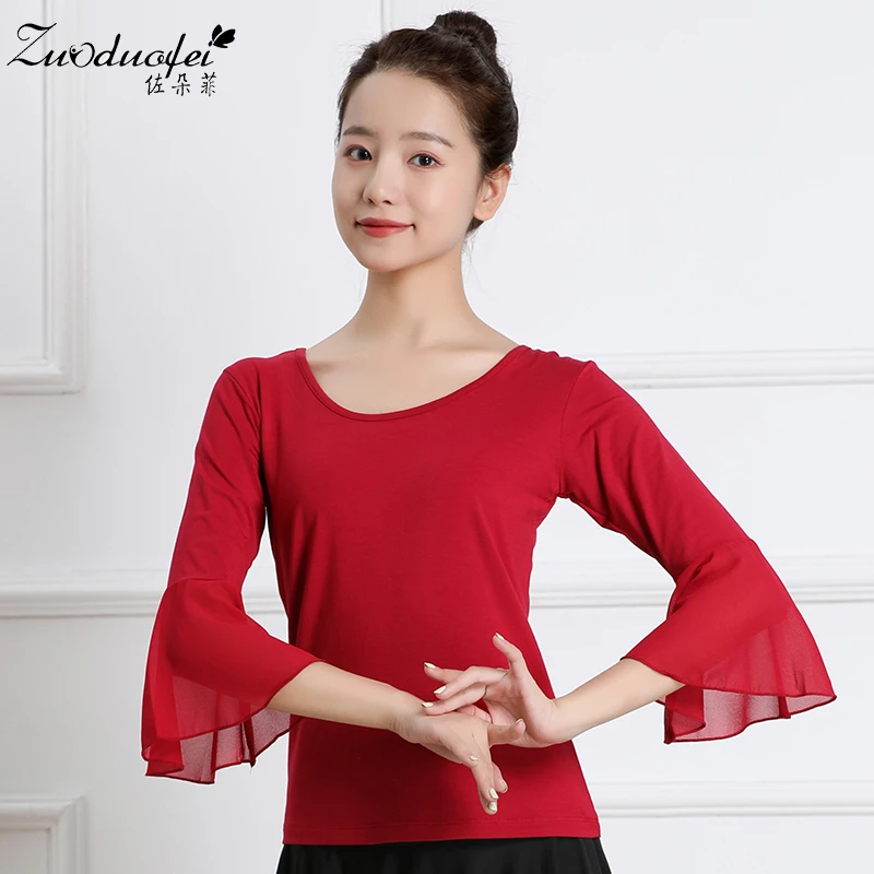 广场舞服装上衣女新款纱袖跳舞服修身露背莫代尔拉丁舞练功服成人