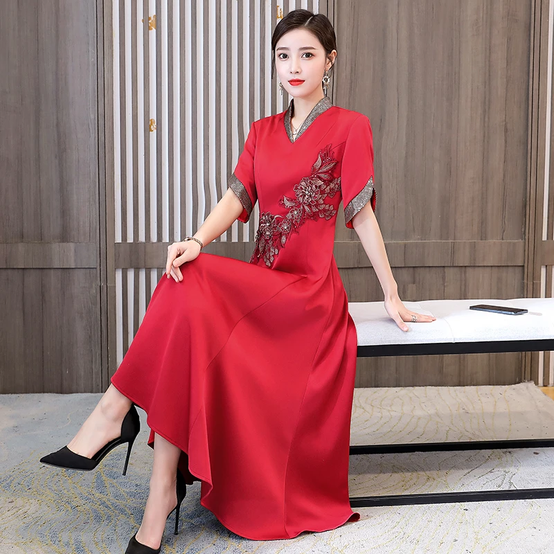 夏婚礼妈妈礼服女长款高贵优雅气质时尚喜婆婆连衣裙9223
