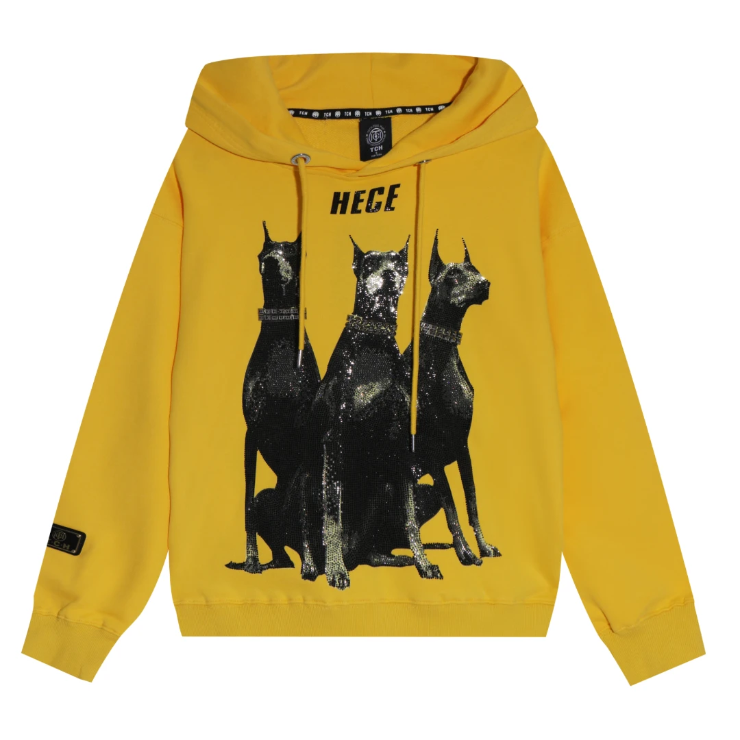 奥莱-TCH潮牌三只杜宾犬烫钻黄色帽衫男女同款T21312C6003洋气