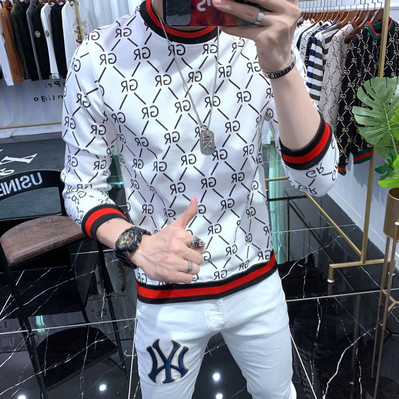 99396# 欧洲站新品ins卫衣男潮牌修身撞色打底衫套头长袖t恤印花