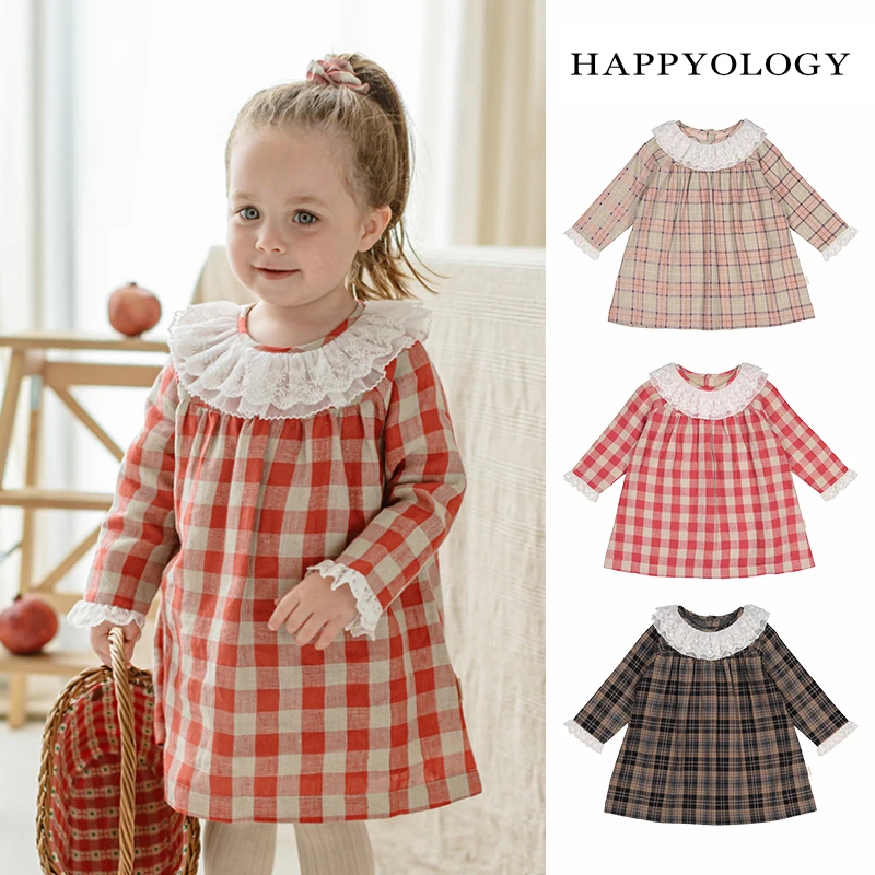 happyology英国儿童连衣裙秋装格纹套装女童花边领长袖套装裙