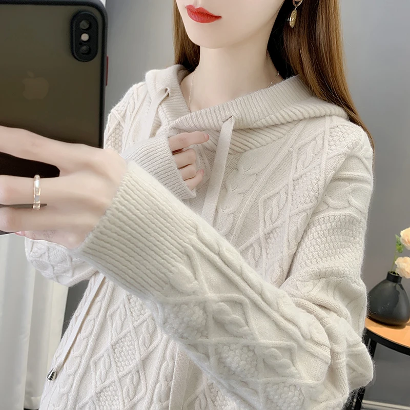 53166HW<白月光>麻花连帽衫2023早春新款针织衫女毛衣上衣慵懒风