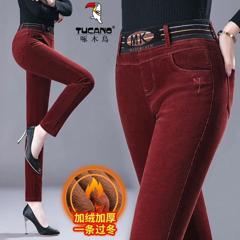 TUCANO/啄木鳥妈妈灯芯绒女裤加绒加厚中老年高腰直筒休闲保暖裤