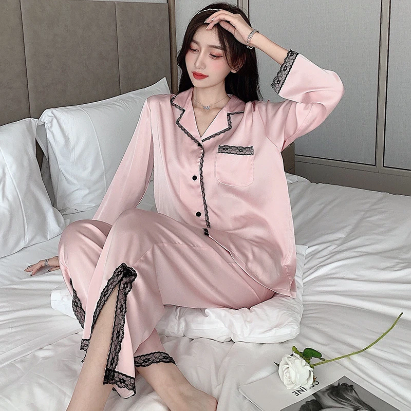 夏季睡衣女士冰丝睡衣薄款轻奢高级感蕾丝开叉家居服两件套可外穿