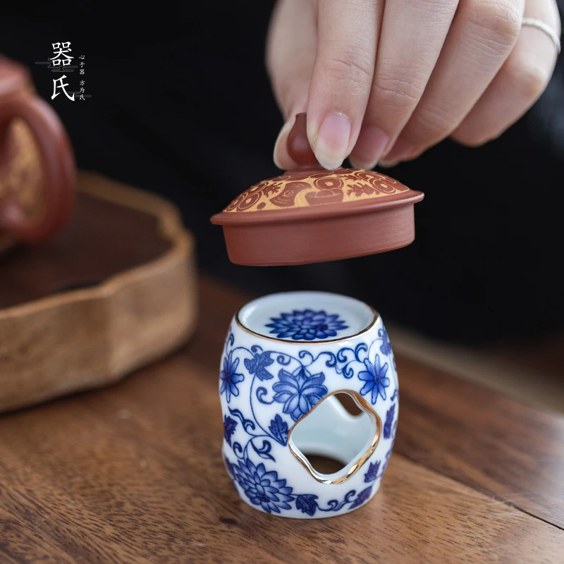 青花白瓷盖置功夫茶道描金复古陶瓷零配茶壶盖托茶具配件手工中式