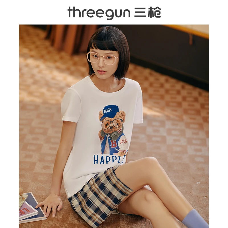 三枪-夏季纯棉印花T恤水柔棉圆领短袖女士打底-23488